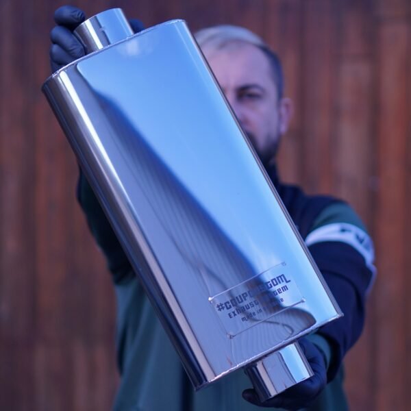Polished 304 stainless steel oval straight-through muffler, 200×100 mm body, 400 mm long, held in gloved hands