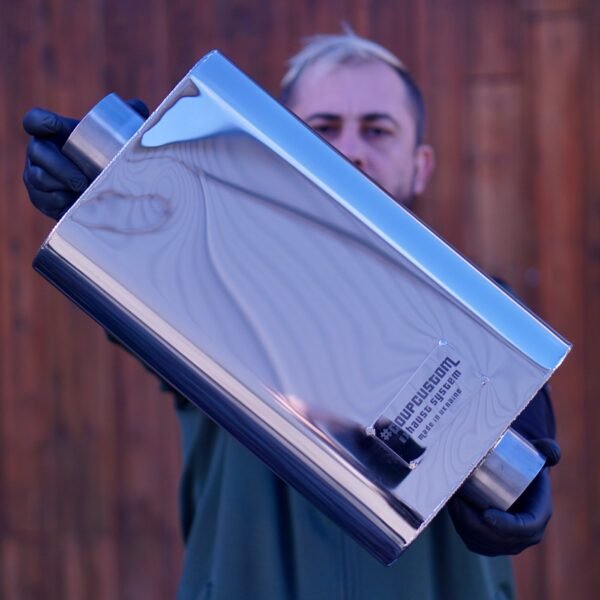 Polished 304 stainless steel oval straight-through muffler, 250×120 mm body, 400 mm long, with engraved COUPCUSTOM plate