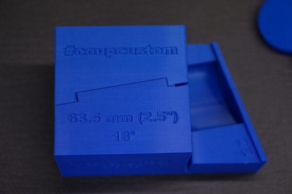 Top view of the PieCut pie cut template marked 63.5 mm (2.5 in) 18°